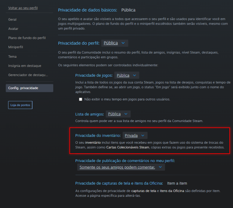 Menu do perfil Steam